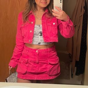 Zara pink denim skirt and jacket set